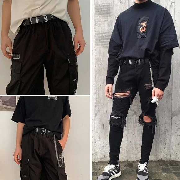 Grommet Leather Belt Detachable Chain Women Men Punk Rock Waist Belts for Pants - Picture 6 of 7